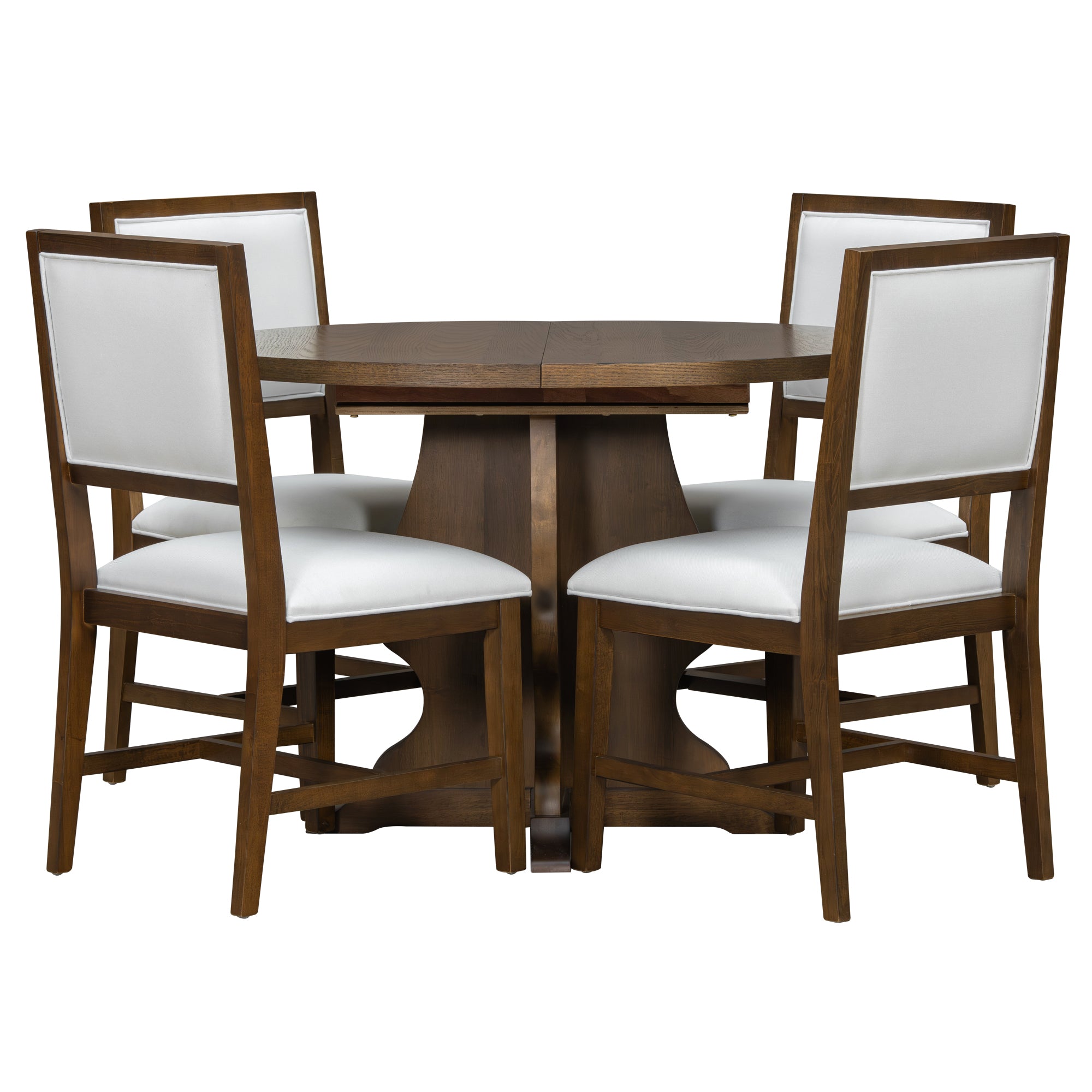 Farmhouse Dining Set in round configuration with four white upholstered chairs tucked in, offering space-saving elegance.