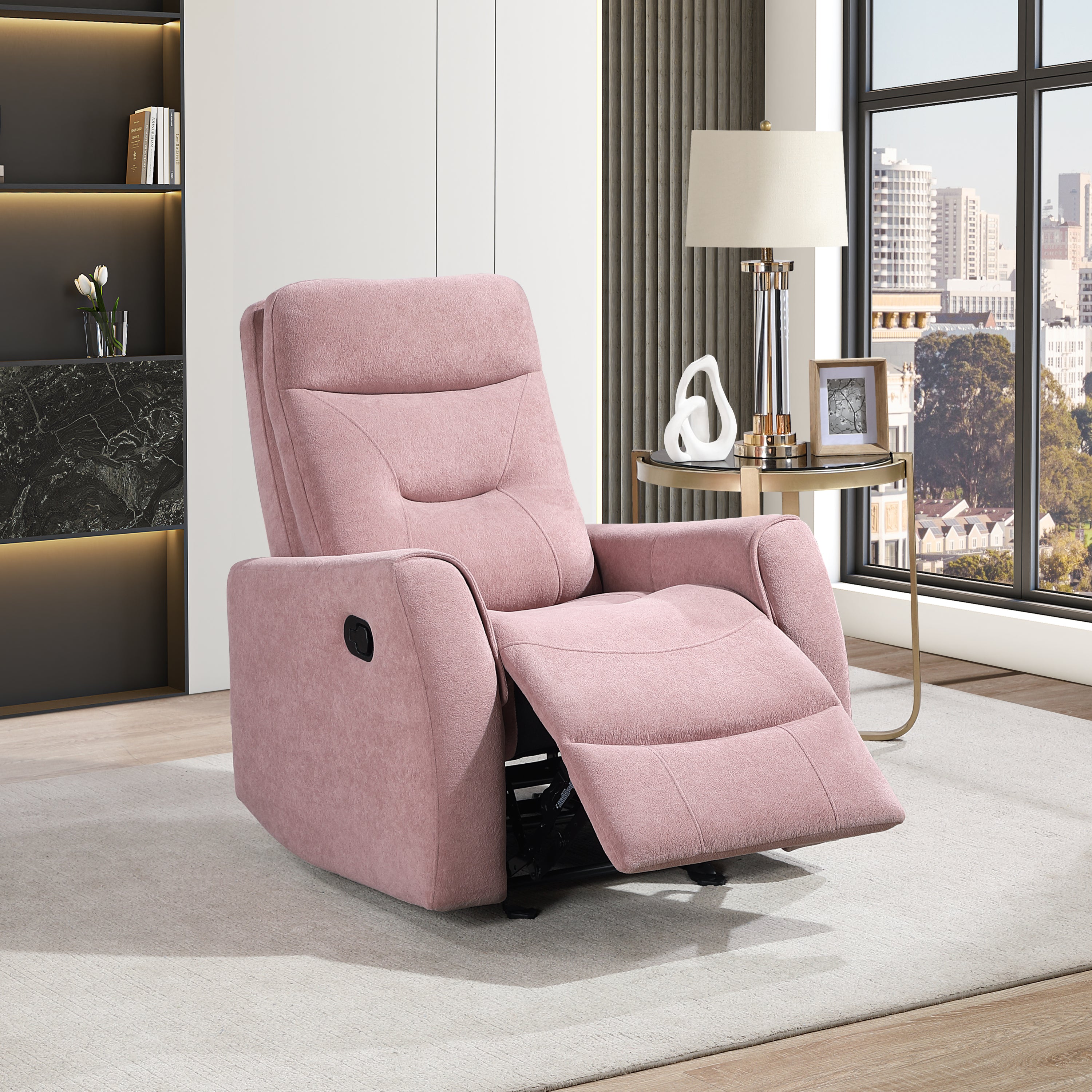 Paterson Pink Microsuede Velvet Swivel Recliner with Manual Handle