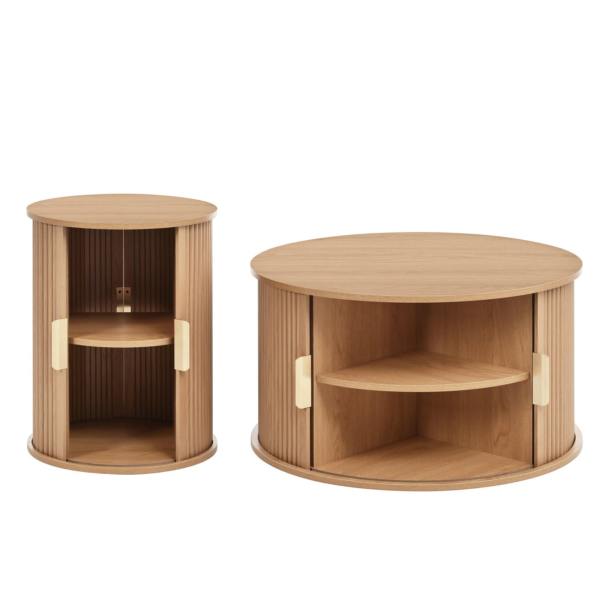 [Assembly Video]Mid-Century Coffee Table Set with Sliding Tambour Door, Round Fluted End Table With Storage, Golden Handle Tall & Low Side Table with Wooden Finish for Living Room, Set of Two ,Natural.