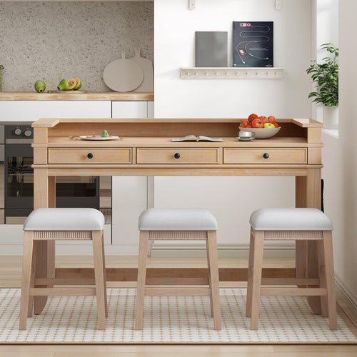 TREXM 4-Piece Dining Table Set for 3, Retro Kitchen Table and Chairs Set with 3 Storage Drawers, Ideal for Small Spaces (Natural).