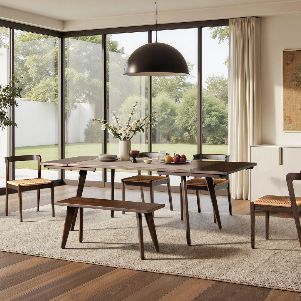 Capri 59-90.5' Solid Oak Wood 6-8 Seat Extendable Leaf Dining Table, Dark Brown Red Oak.