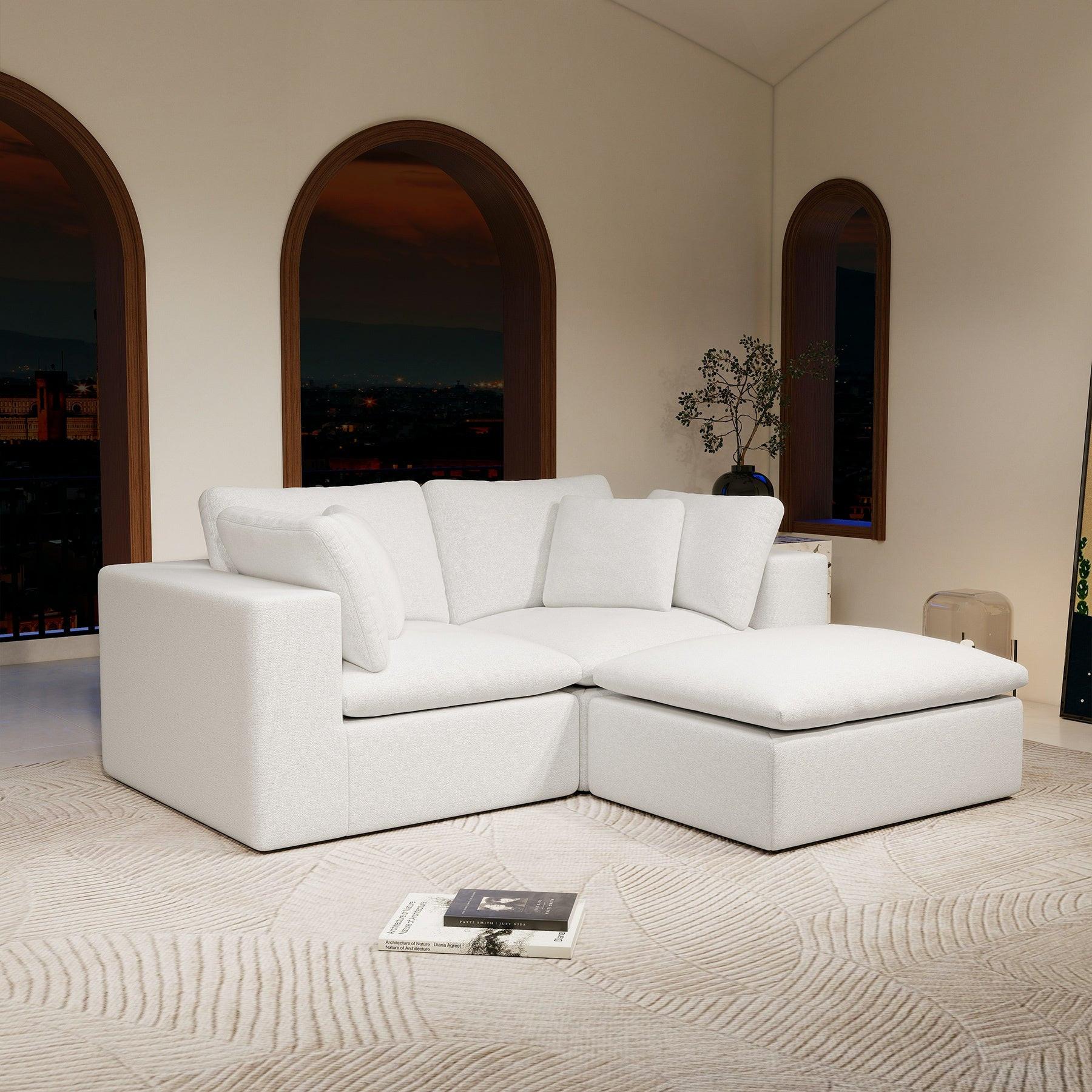 Modular Sectional Sofa - Plush Corduroy Fabric White.