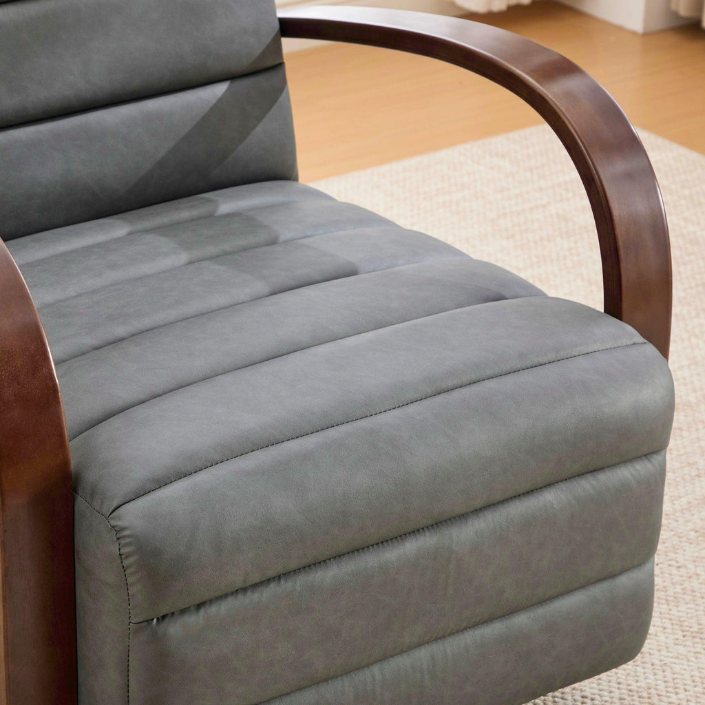 Modern Upholstered 360° Swivel Accent Chair with Solid Wood Armrests, Comfy Channel Tufted Lounge Reading Chair, Gray PU, 30.3'W.