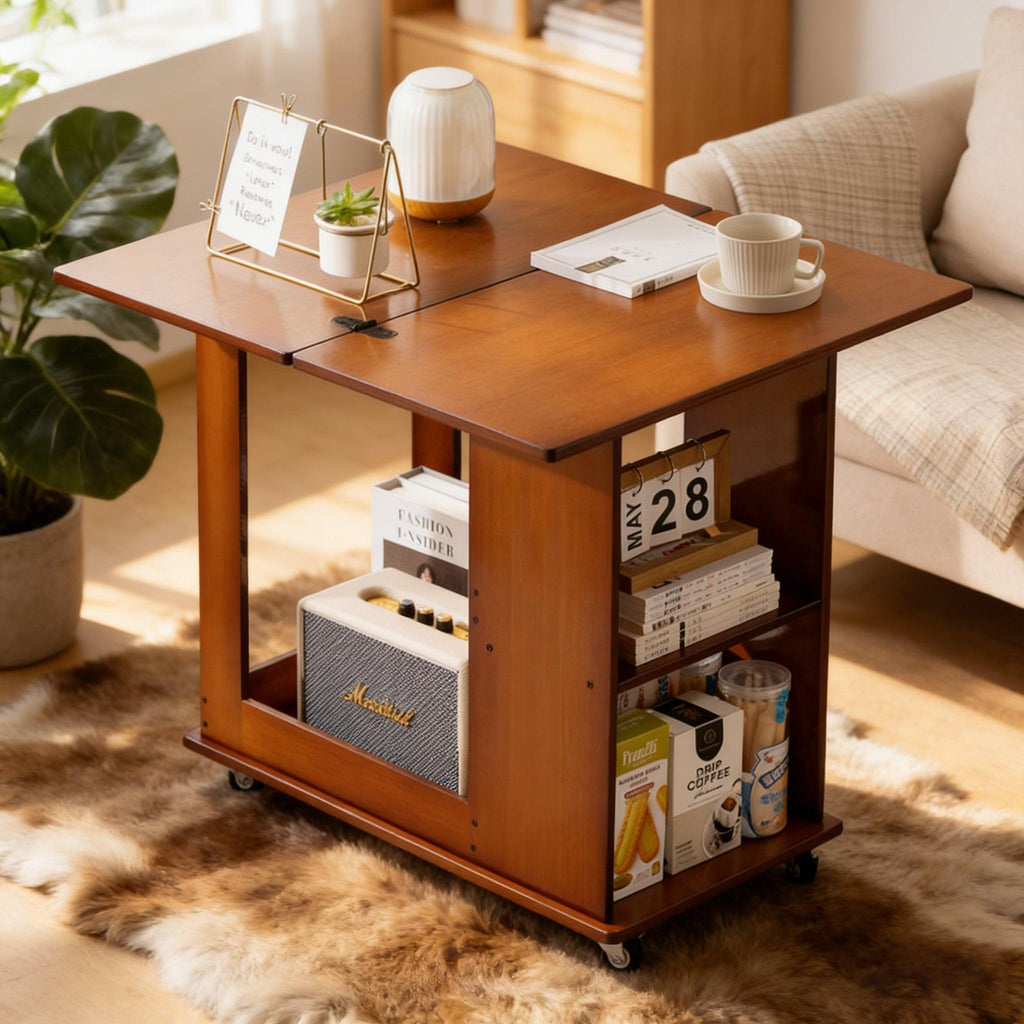 Bamboo Folding Edge Table with Movable Storage.