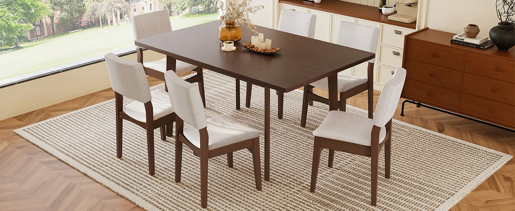 Wide angle of the Modern Dining Set - Chairs & Table Walnut Finish, showcasing a 60-inch table and six stackable upholstered chairs.