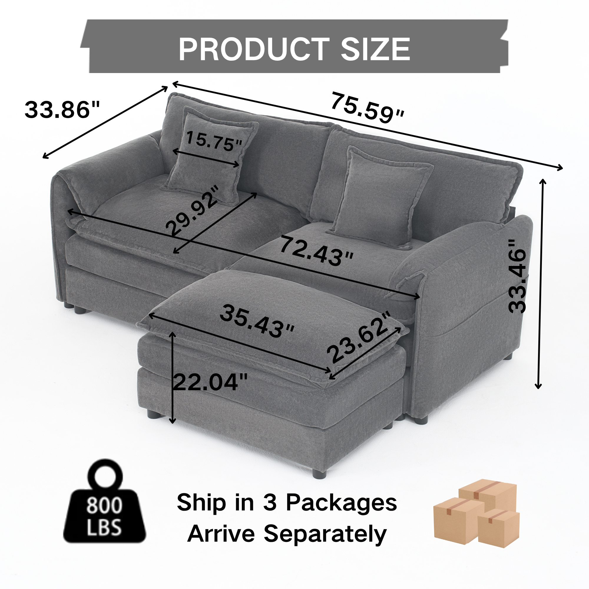 Modular Sectional Sofa Grey with Ottoman for Living Room.