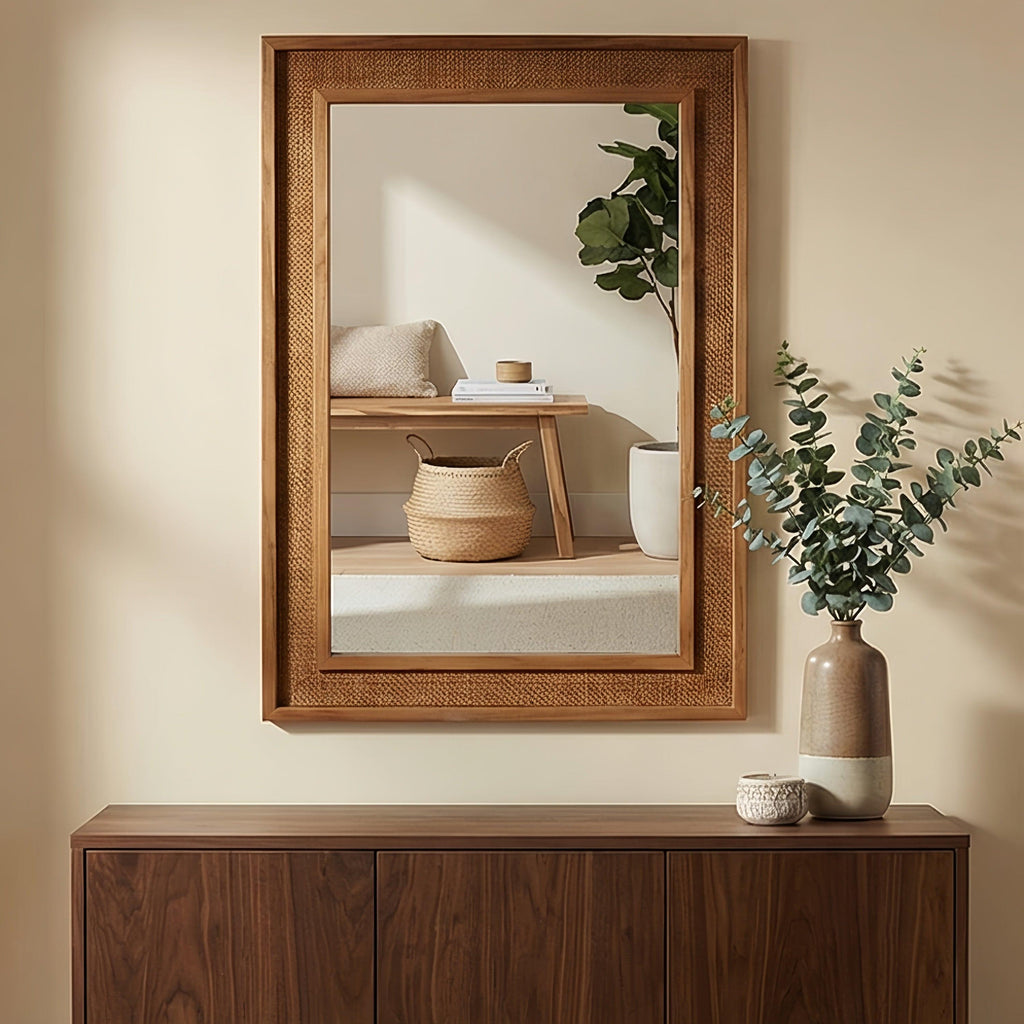 Rattan Solid Wood Frame Mirror for Home Decor.