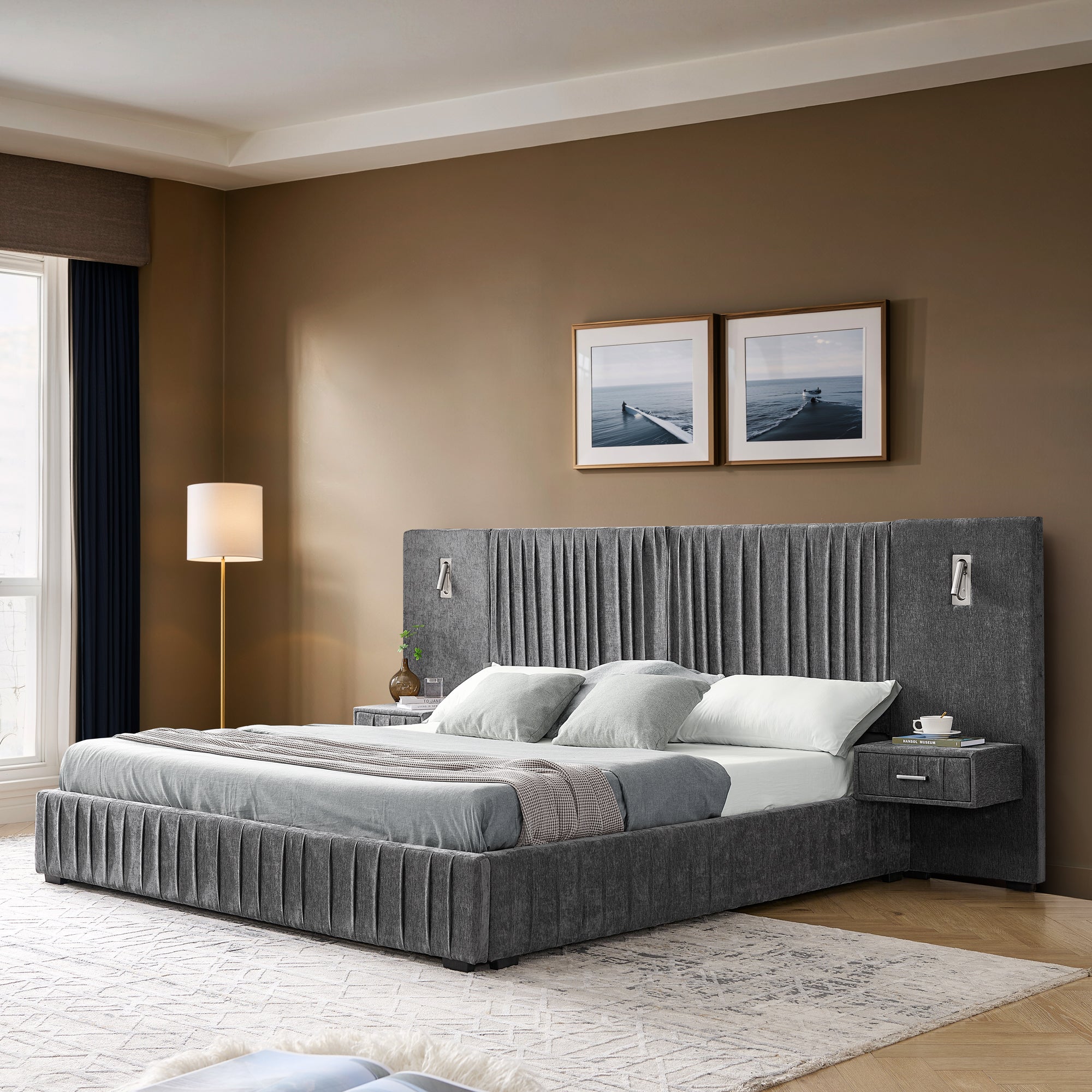 Stylish queen upholstered bed featuring built-in table and lamp, solid frame, and vertical pleated headboard in a cozy bedroom setting.