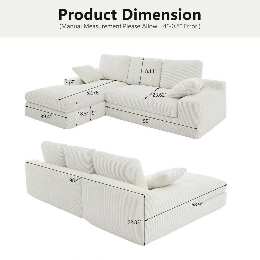 White corduroy sofa with chaise lounge shown with full product dimensions, including seat depth, width, and height for accurate living room fit.