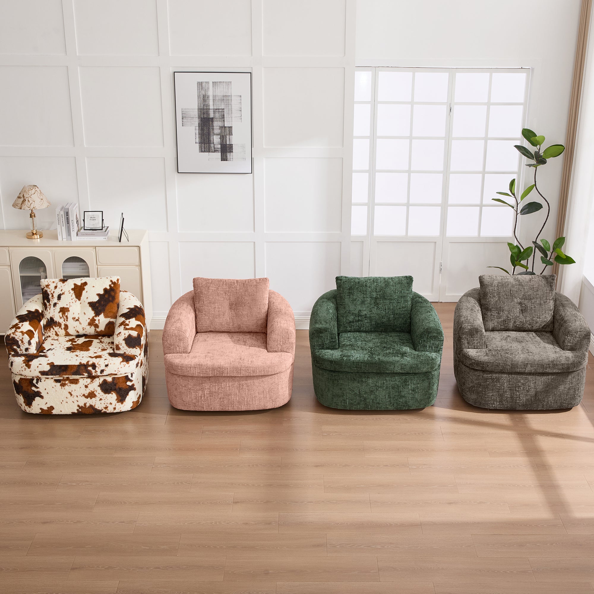 Modern Pink Swivel Barrel Chair with 360° Rotation and Dual-Layer Cushion for Living Room, Bedroom, Office, 36.6' Round Accent Chair in Chenille