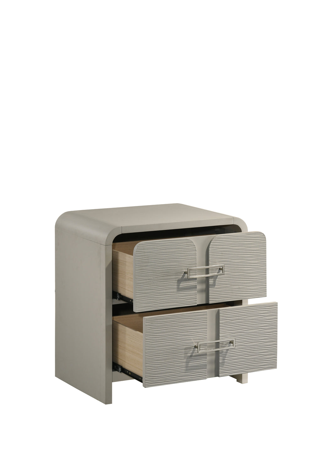 Beige Aria Modern 2-Drawer Nightstand with both drawers partially open, highlighting textured fronts and modern metal handles.