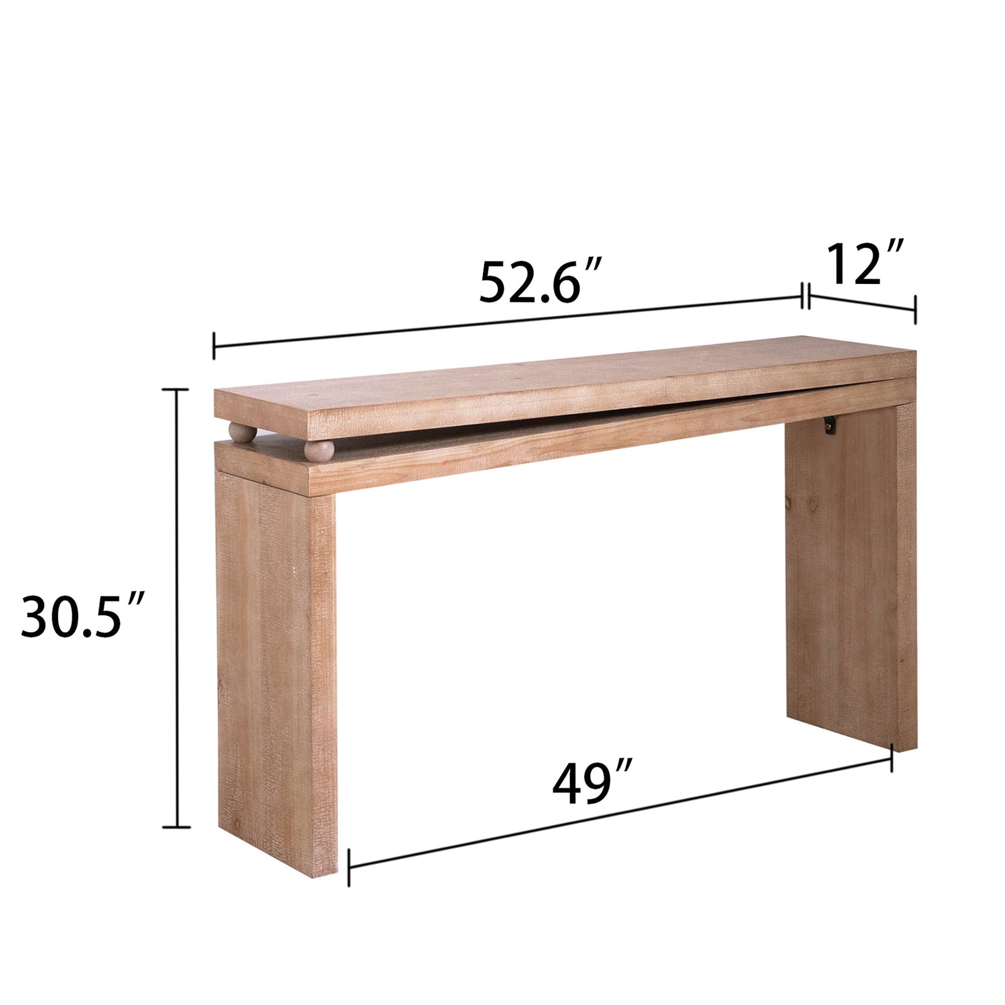 Slim Natural Wood Console Table with dimensions 52.6'' x 12'' x 30.5'', ideal for tight spaces like entryways or behind sofas.