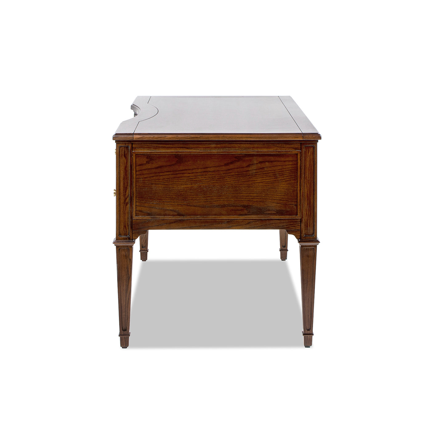 Side profile of Executive Desk 5-Drawer Wood - Gold Accents showcasing solid wood panel and tapered leg design.