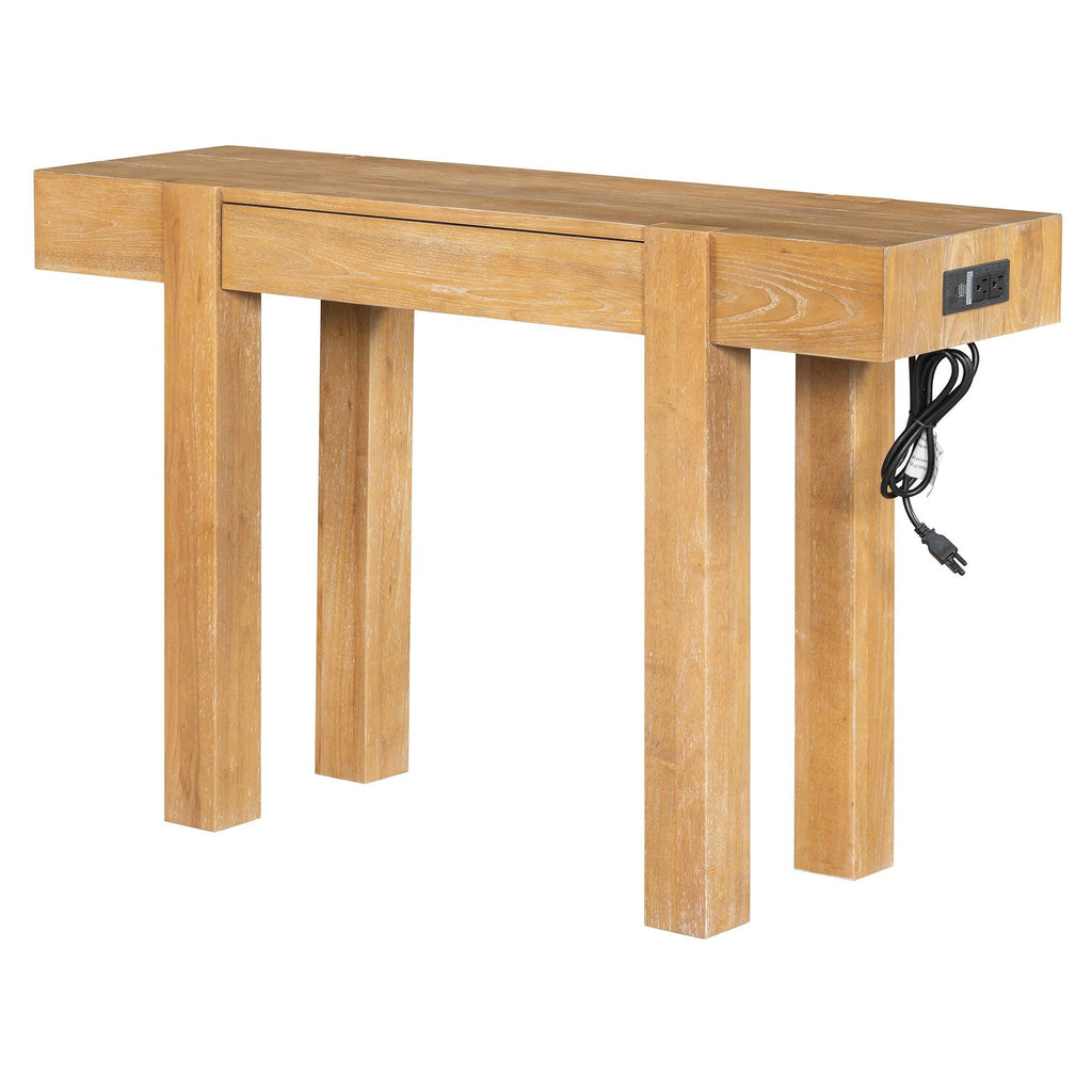 Rustic Wood Console Table with Outlet & Hidden Drawer.