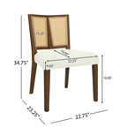 Mid-century rattan dining chair with dimensions labeled, showing seat height, width, depth, and backrest measurements for product reference.