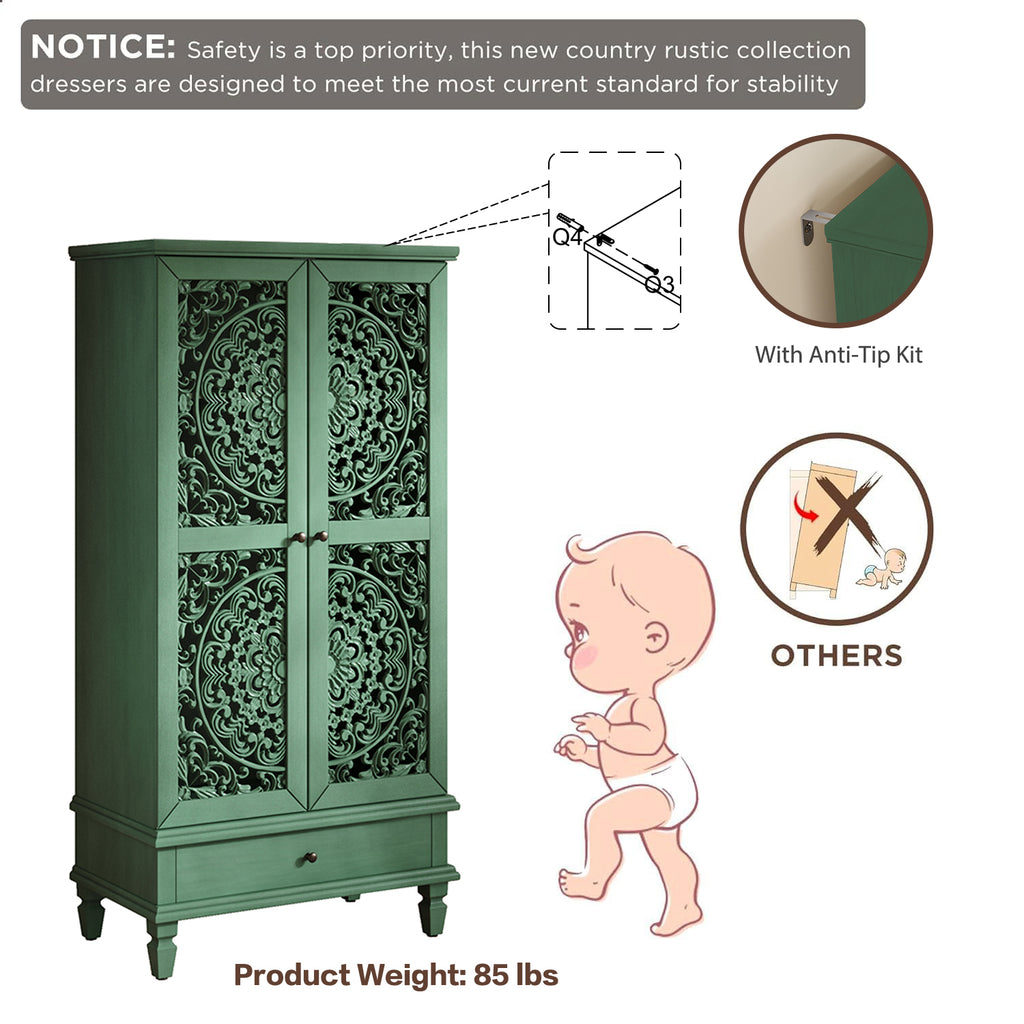 Safety features of Antique Green Storage Cabinet - 55'' Tall w/ Drawer including anti-tip kit and stable design for child safety.