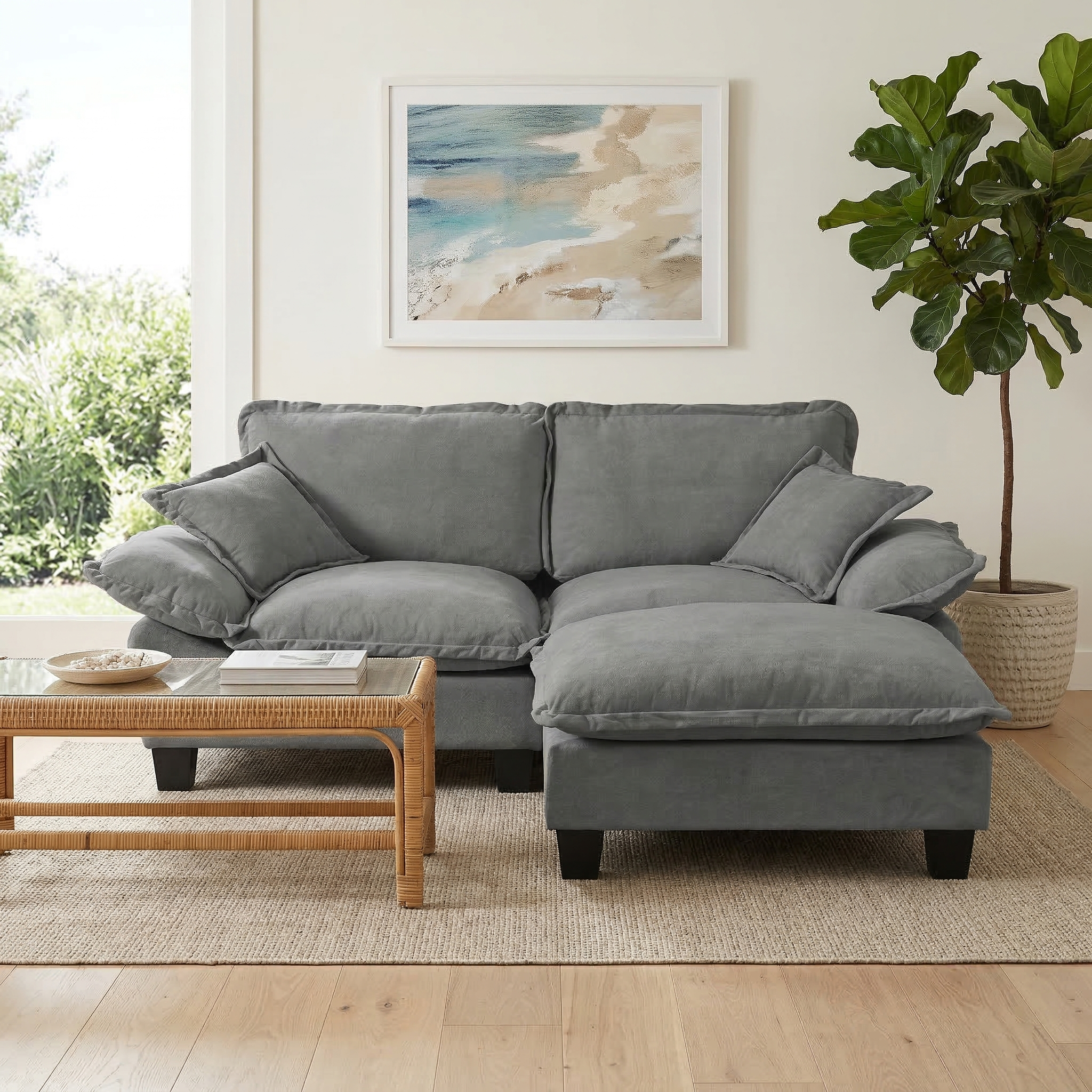 Grey Chenille Modular Cloud Sectional Sofa with Ottoman and Pillows