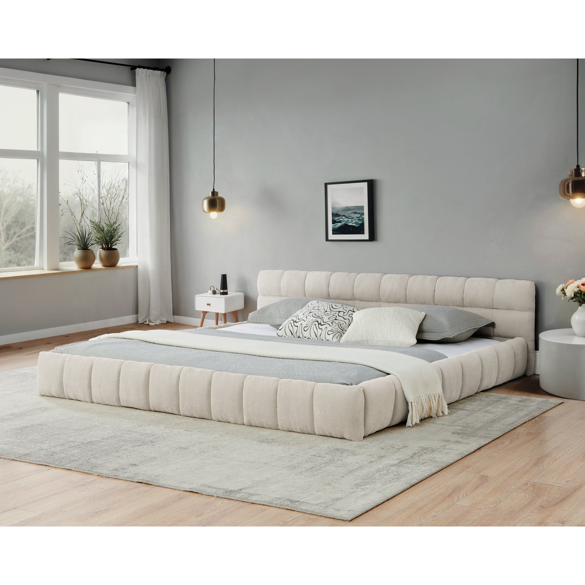 Beige chenille California King platform bed with a low-profile, channel-tufted upholstered frame in a modern bedroom.