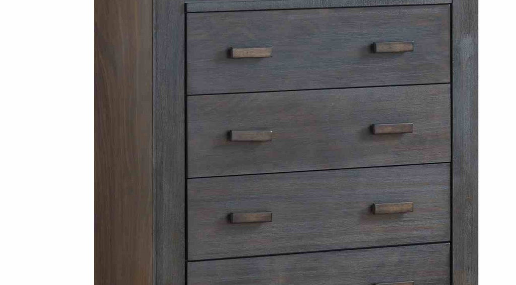 Close-up of lower drawers on transitional bedroom chest, showcasing solid wood construction and modern rectangular handles.
