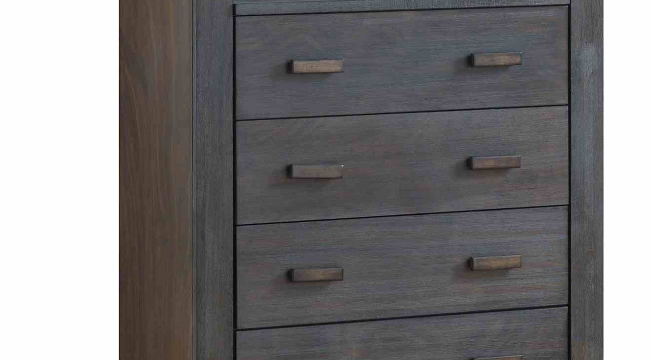 Close-up of lower drawers on transitional bedroom chest, showcasing solid wood construction and modern rectangular handles.