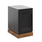 Angled view of Nora Chairside Table - Black Whiskey Finish showing sleek black body and rustic wood base for a modern farmhouse look.