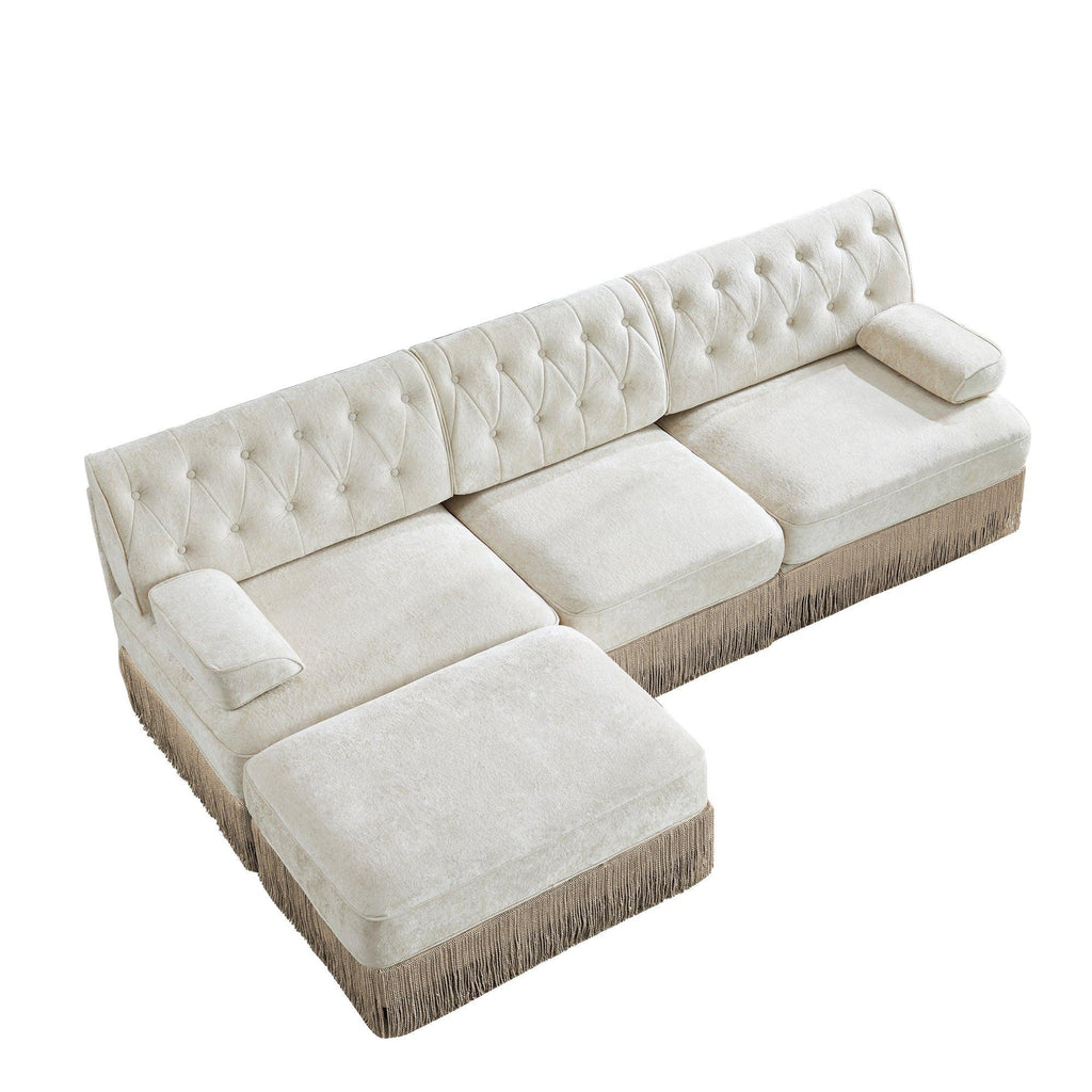 Modular Sectional Sofa in Beige with Button Tufting.