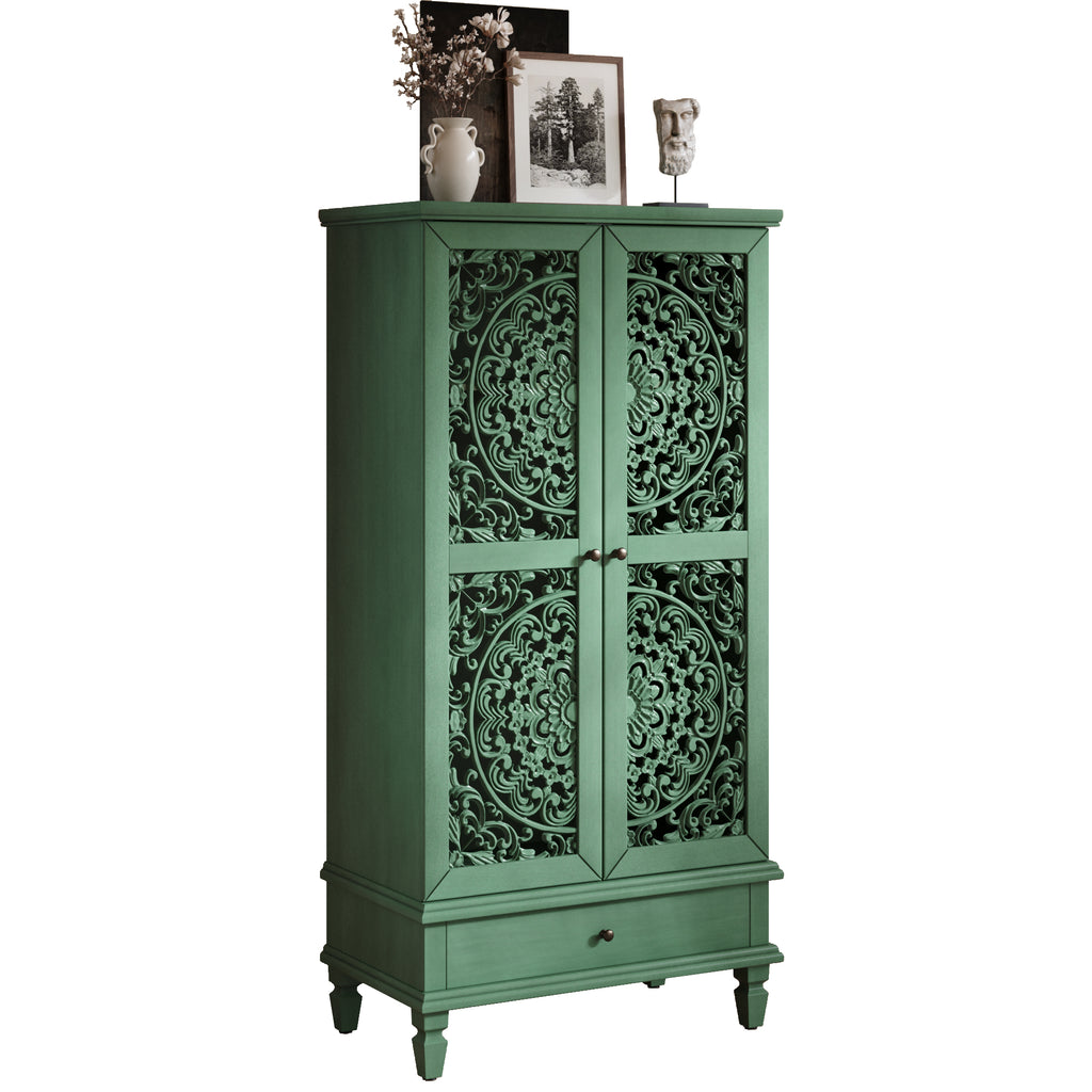 Antique Green Storage Cabinet - 55'' Tall w/ Drawer with closed decorative doors and vintage-style finish, perfect for living room or hallway storage.