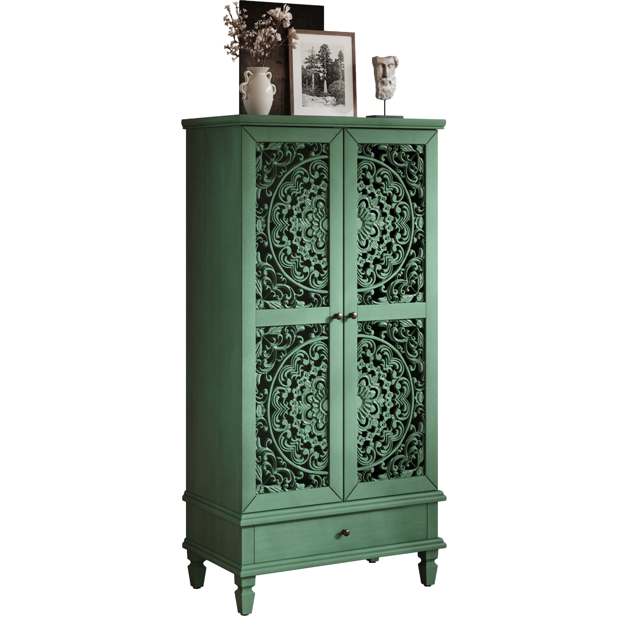 Antique Green Storage Cabinet - 55'' Tall w/ Drawer with closed decorative doors and vintage-style finish, perfect for living room or hallway storage.