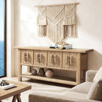 60-inch solid reclaimed pine sideboard in light natural brown with four cabinet doors, unique handles, and lower shelf.