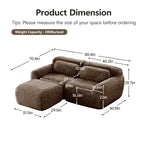 Detailed dimensions of plush chocolate L-shaped modular sofa with labeled measurements and 300 lbs per seat capacity.