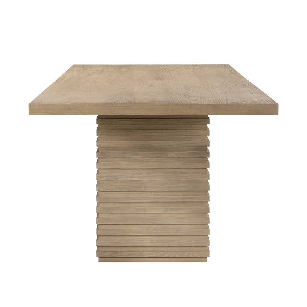 Side profile of 95 inch light ash dining table showing thick tabletop and stacked pedestal base for modern appeal.