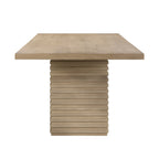 Side profile of 95 inch light ash dining table showing thick tabletop and stacked pedestal base for modern appeal.