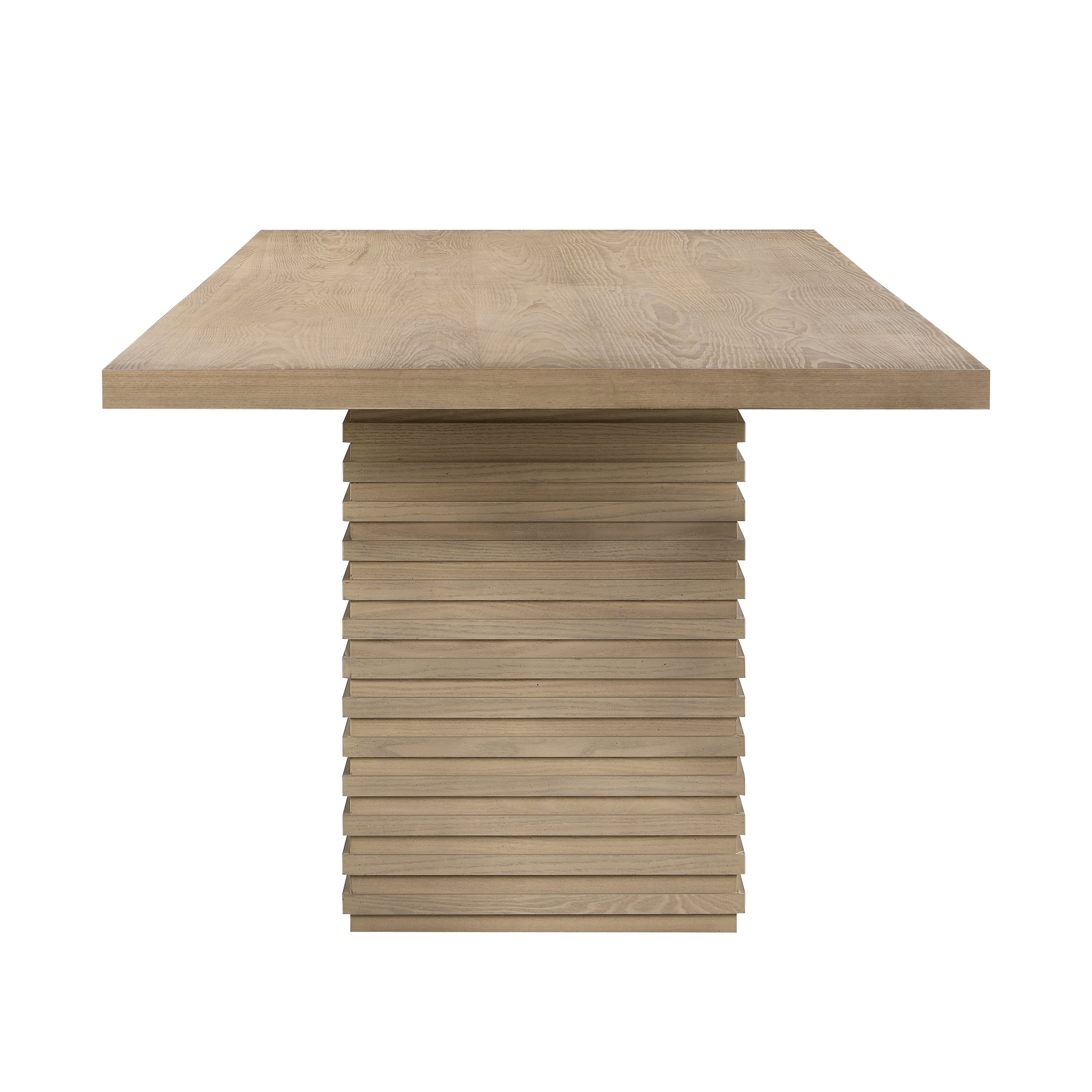 Side profile of 95 inch light ash dining table showing thick tabletop and stacked pedestal base for modern appeal.