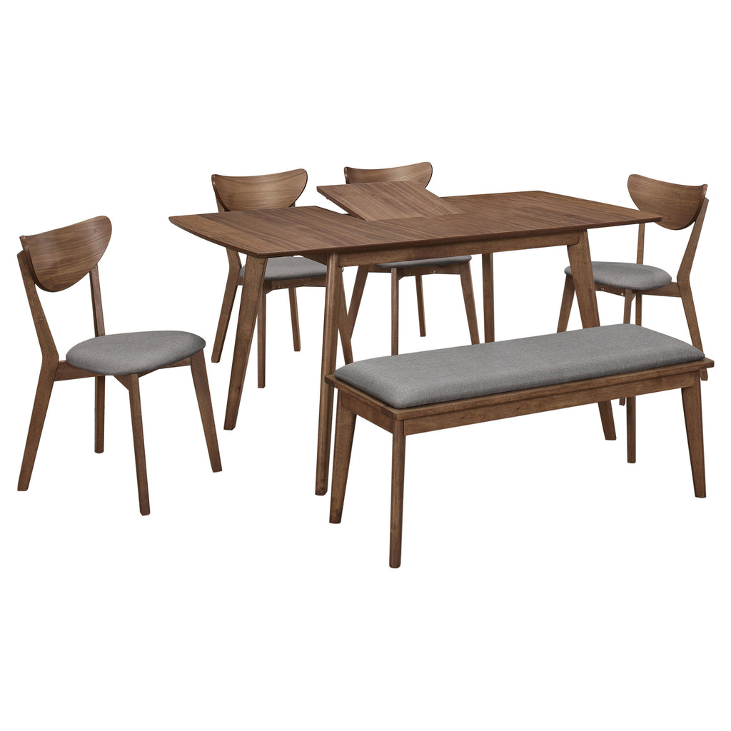 Retro 6-piece walnut dining set with four chairs and a bench, featuring grey upholstered seats and a pull-out table.
