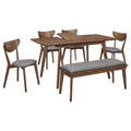 Retro 6-piece walnut dining set with four chairs and a bench, featuring grey upholstered seats and a pull-out table.