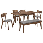 Retro 6-piece walnut dining set with four chairs and a bench, featuring grey upholstered seats and a pull-out table.