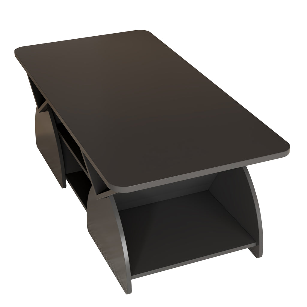 Engineered coffee table with wood storage and modern geometric design, featuring a sleek black finish and spacious lower shelf.