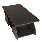 Engineered coffee table with wood storage and modern geometric design, featuring a sleek black finish and spacious lower shelf.