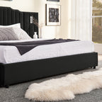 Side view of queen upholstered bed frame with velvet finish and sturdy base, styled with a cozy rug and modern decor.