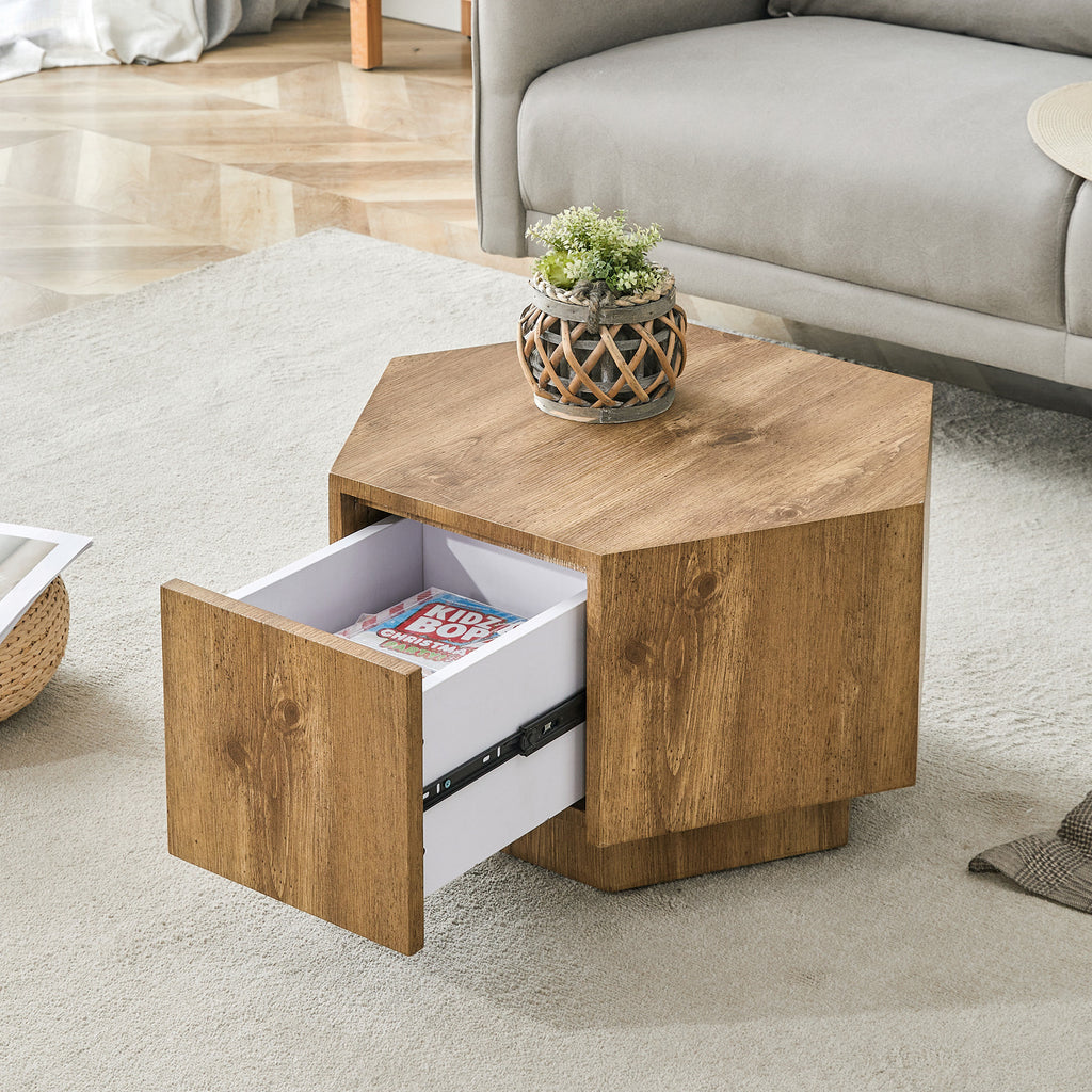 Hexagonal MDF Coffee Table with Storage Drawer in Natural Wood