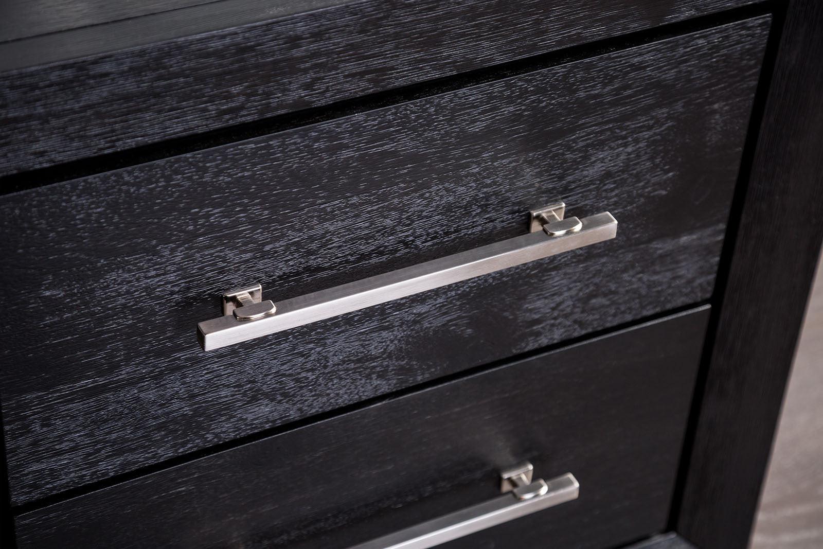 Black Contemporary Nightstand with Chrome Legs and USB Ports.