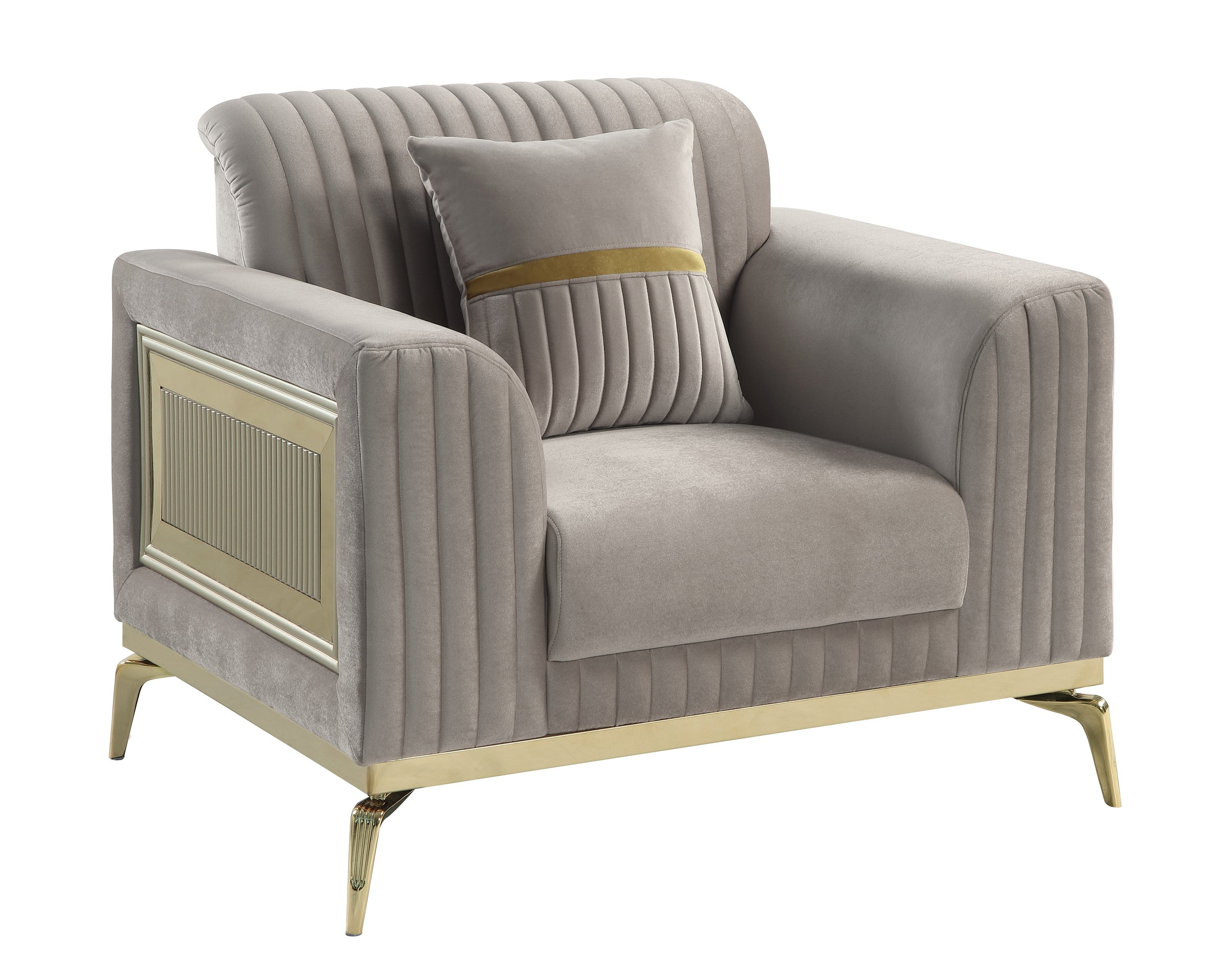 Contemporary taupe upholstered accent chair featuring channel tufting, gold wood accents, and matching throw pillow.