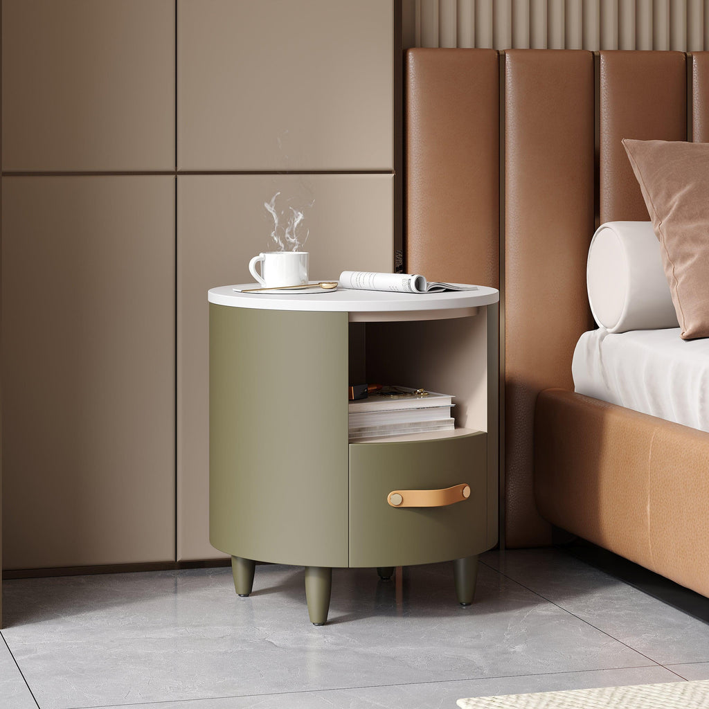 Modern Round Nightstand with Storage Drawer & Shelf.