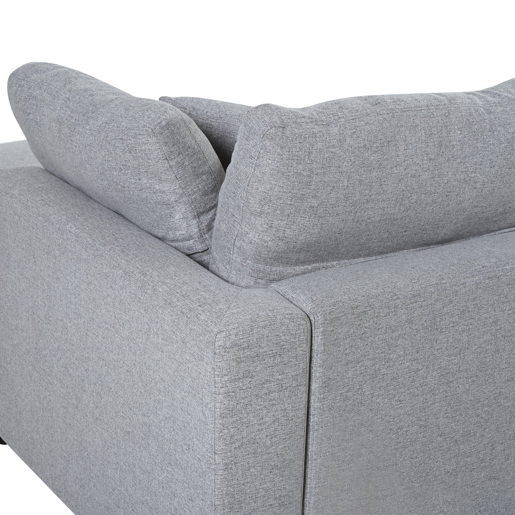 Back corner detail of 130' U-Shaped Sectional Sofa, showing thick back cushions and clean-lined armrest in durable gray chenille.