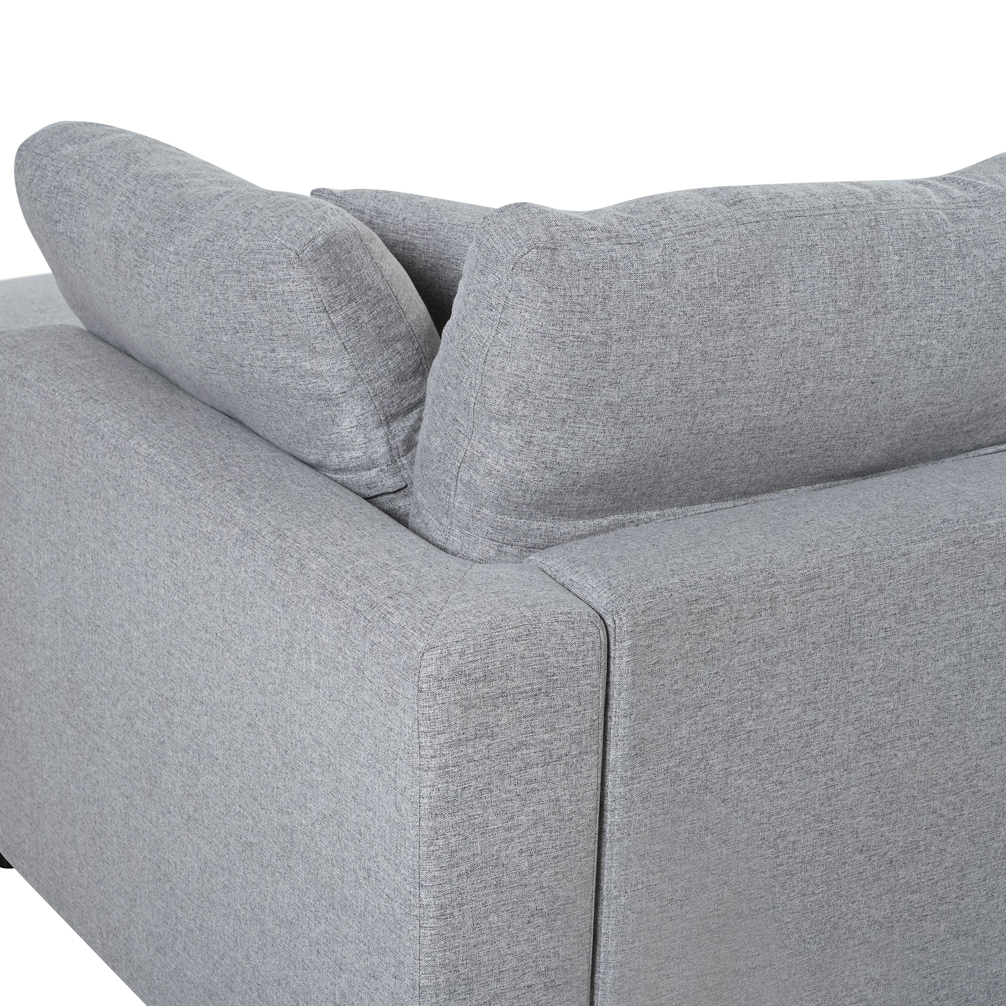 Back corner detail of 130' U-Shaped Sectional Sofa, showing thick back cushions and clean-lined armrest in durable gray chenille.