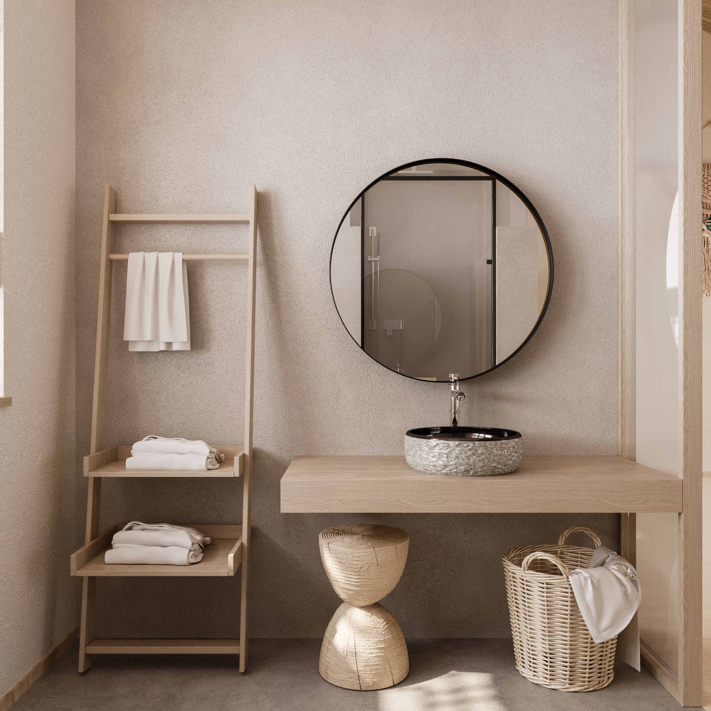 Round Black Metal Medicine Cabinet with Mirror in a natural-toned bathroom with wood and wicker decor elements.