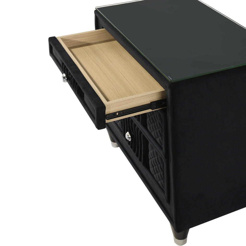 Contemporary Black Velvet Nightstand with Crystal-style Knobs.
