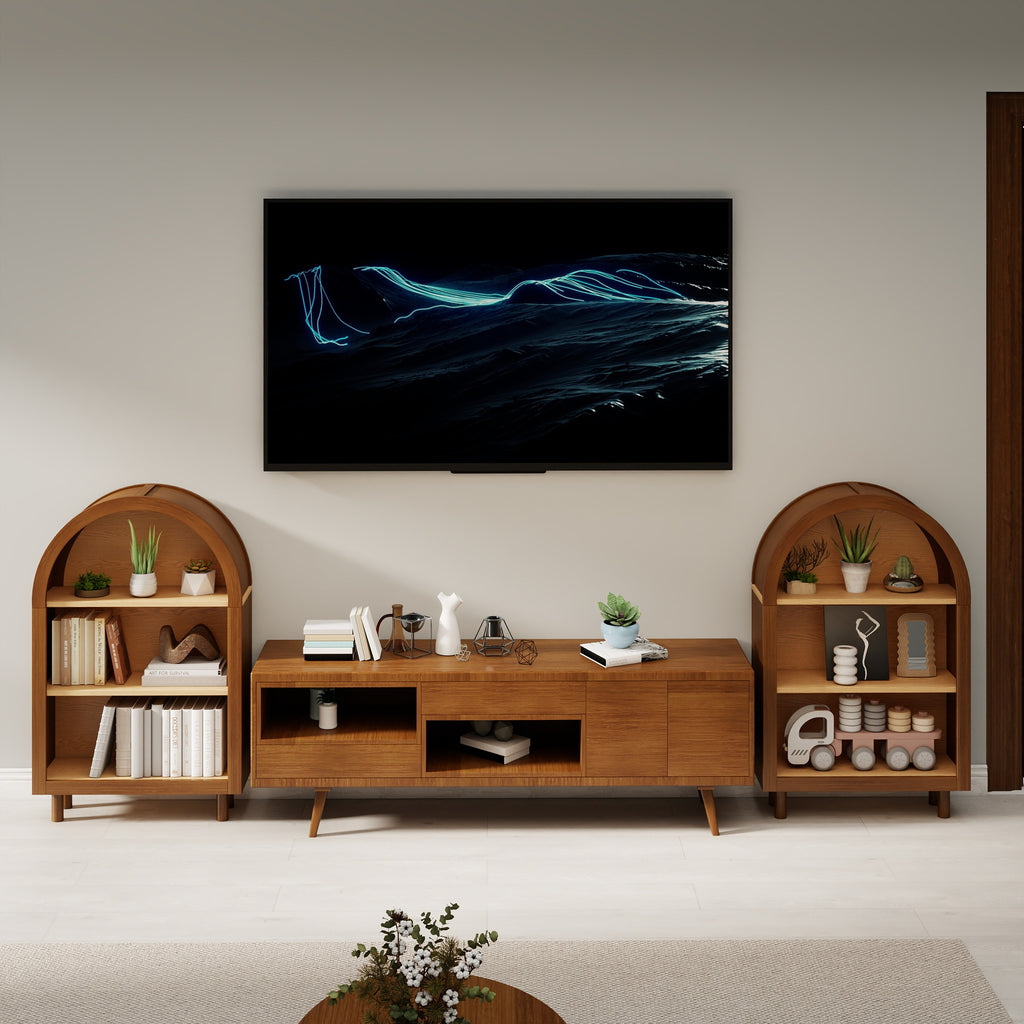 Walnut Wooden Arched 3-Tier Storage Bookshelf - 37 Inch Height