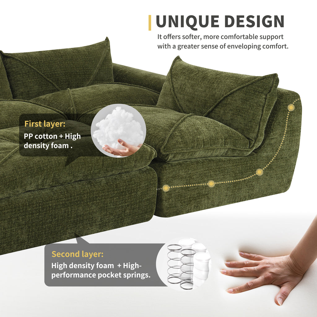 Cutaway view of 116'' compressed sofa showing dual-layer high density foam and pocket springs for enhanced comfort and support.