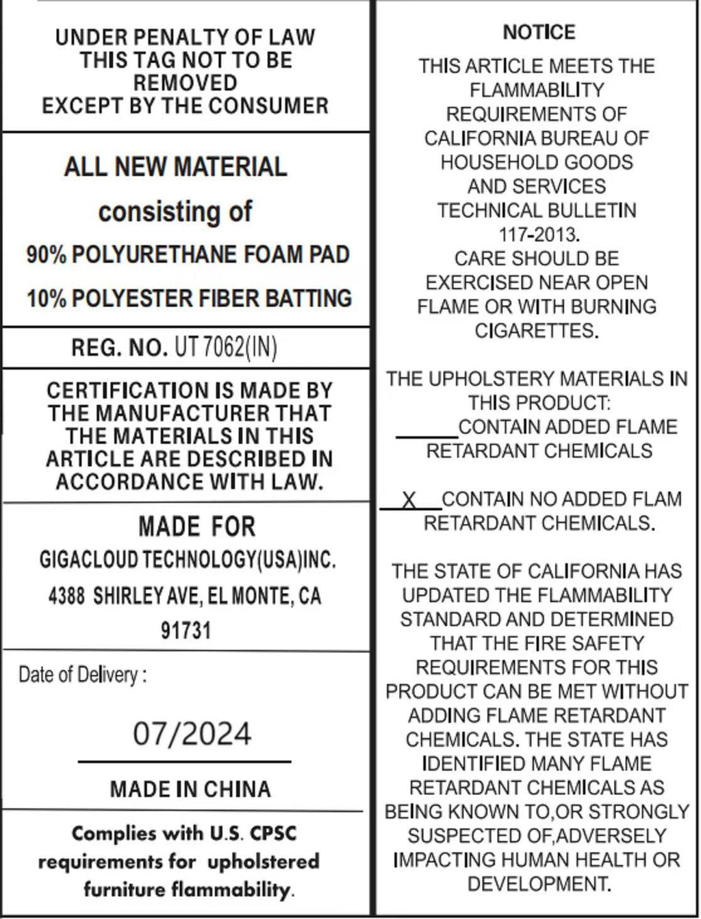 Product label for Modular Sectional Sofa - Chenille 6-Seater L-Shape showing material composition and safety compliance details.